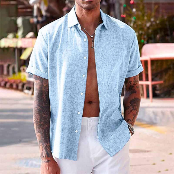 Men's Short Sleeve Linen Shirt, Button-Up Spread Collar Casual Summer Shirt for Holidays
