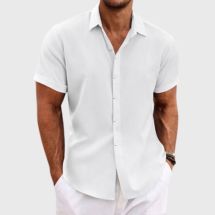 Men's short sleeve button front shirt in blue and black, regular fit