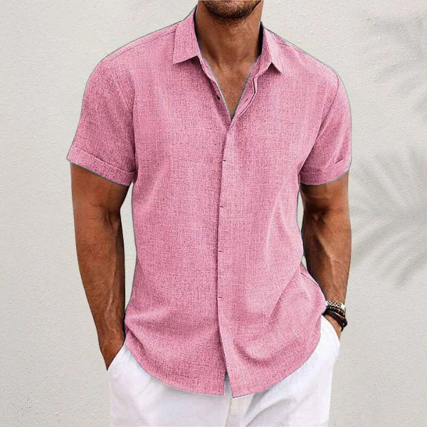 Men's short sleeve button front shirt in blue and black, regular fit