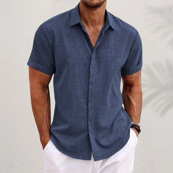 Men's short sleeve button front shirt in blue and black, regular fit