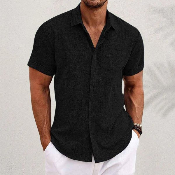 Men's short sleeve button front shirt in blue and black, regular fit