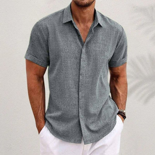 Men's short sleeve button front shirt in blue and black, regular fit