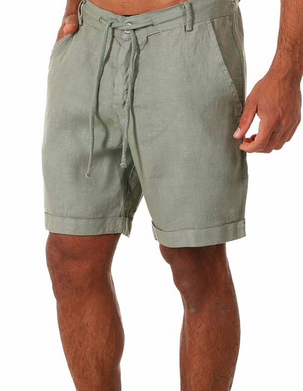 Men's Linen Cuffed Shorts, Drawstring Relaxed Fit Casual Summer Chino Shorts