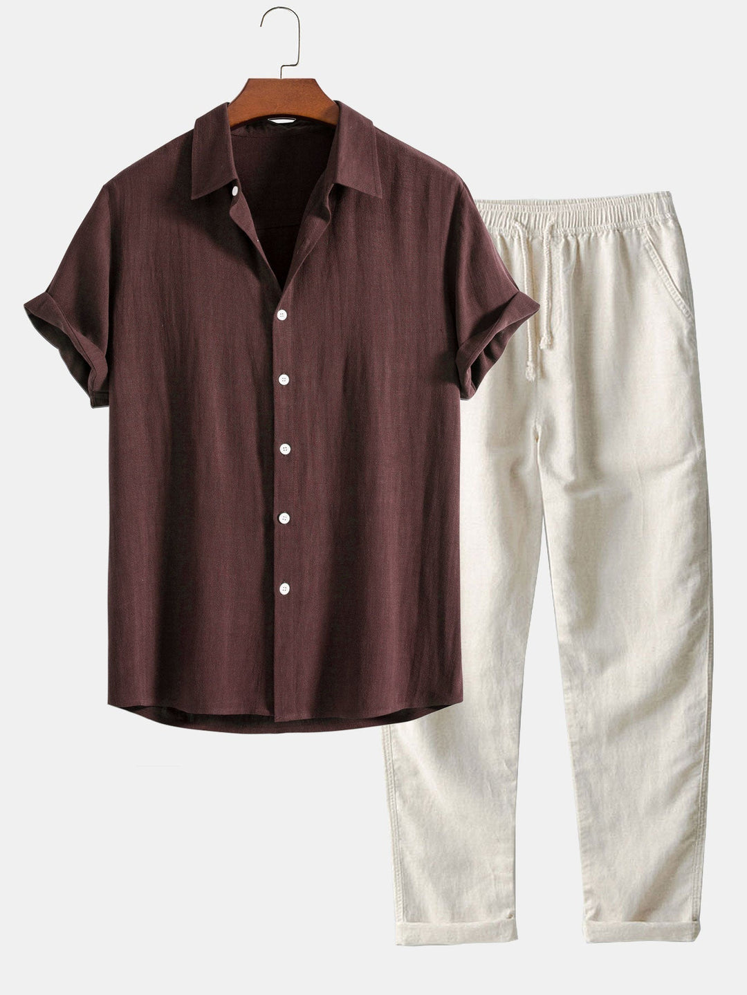 Men's Linen 2-Piece Set, Short Sleeve Button Up Shirt and Drawstring Trousers Summer Casual