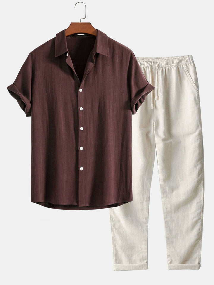 Men's Linen 2-Piece Set, Short Sleeve Button Up Shirt and Drawstring Trousers Summer Casual