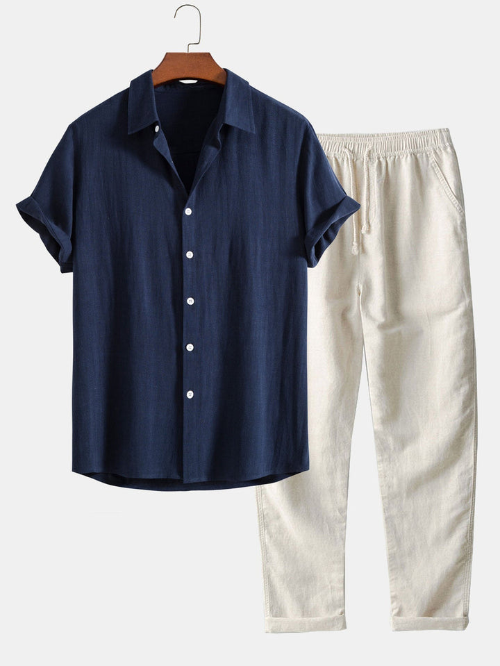 Men's Linen 2-Piece Set, Short Sleeve Button Up Shirt and Drawstring Trousers Summer Casual