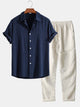 Men's Linen 2-Piece Set, Short Sleeve Button Up Shirt and Drawstring Trousers Summer Casual