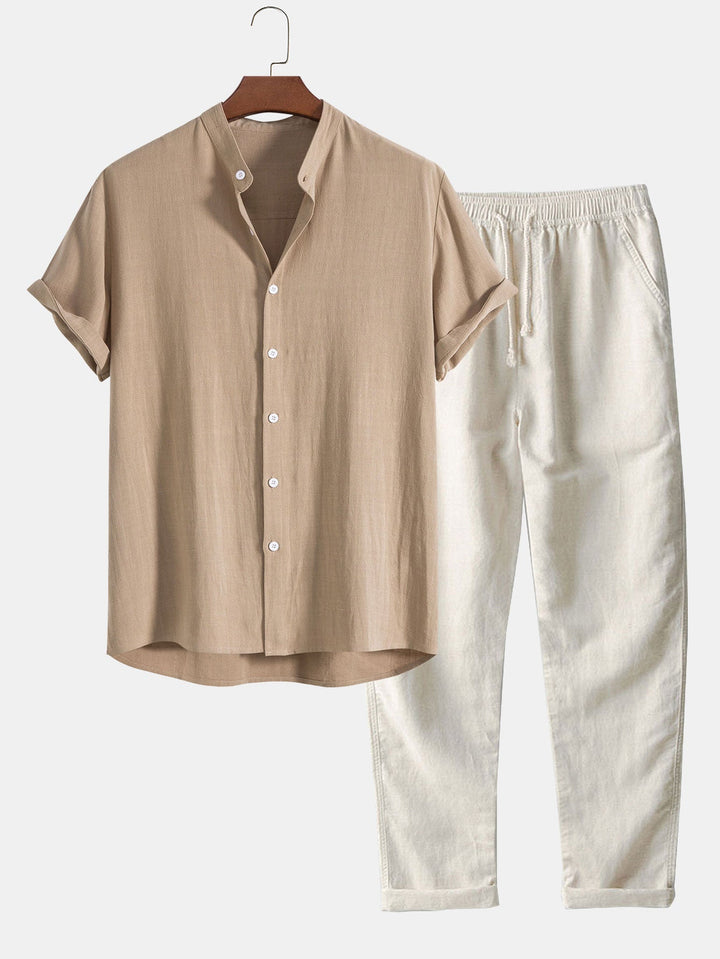 Men's Linen 2-Piece Set, Short Sleeve Button Up Shirt and Drawstring Trousers Summer Casual