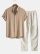 Men's Linen 2-Piece Set, Short Sleeve Button Up Shirt and Drawstring Trousers Summer Casual
