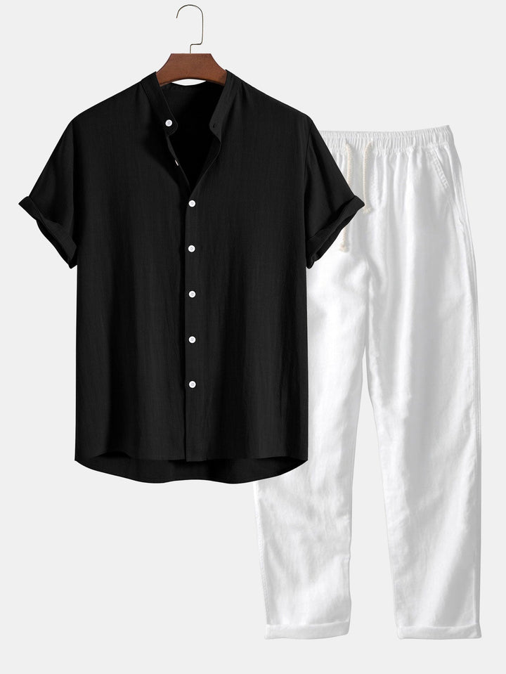 Men's Linen 2-Piece Set, Short Sleeve Button Up Shirt and Drawstring Trousers Summer Casual