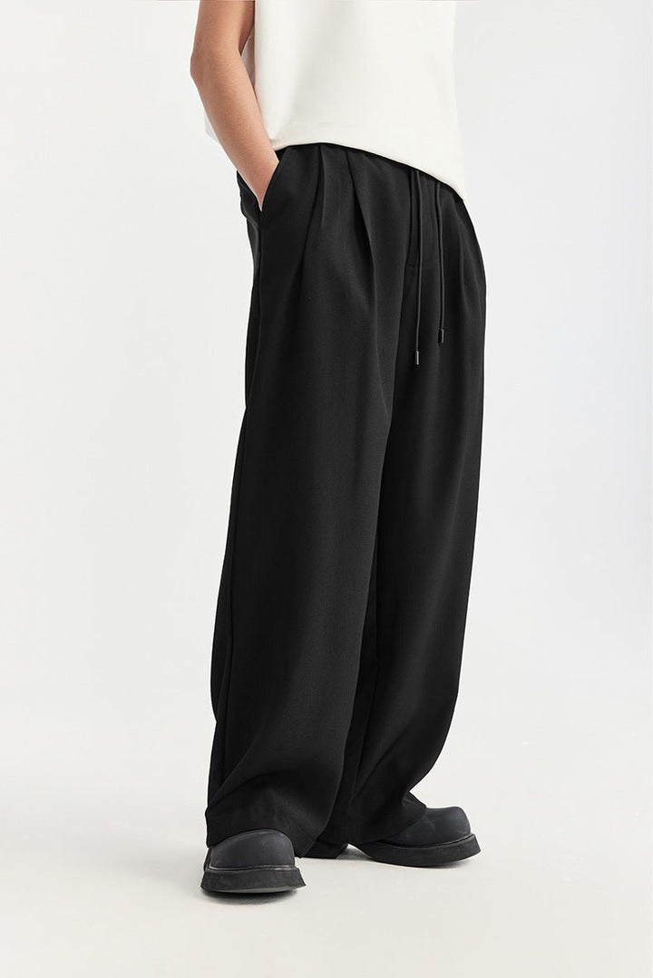 Men's Wide Leg Linen Trousers, Pleated Drawstring Relaxed Fit Casual Summer Trousers