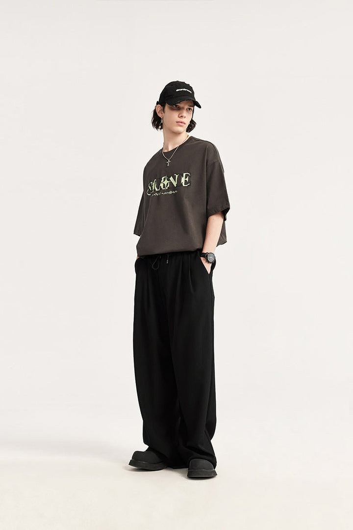 Men's Wide Leg Linen Trousers, Pleated Drawstring Relaxed Fit Casual Summer Trousers