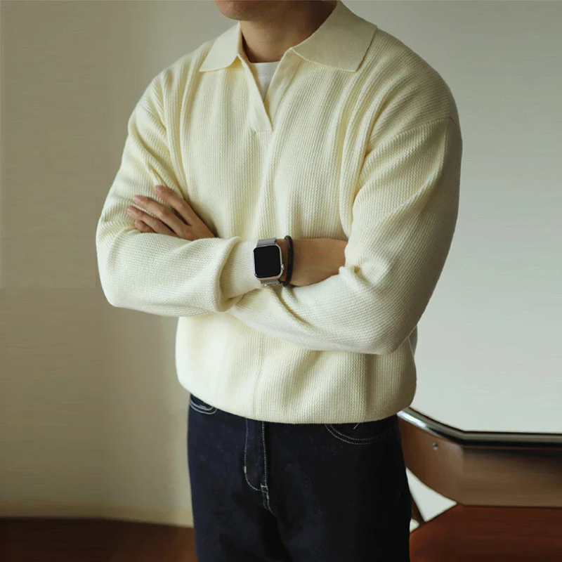 Men's long-sleeve textured polo sweater with collared neckline and ribbed hem