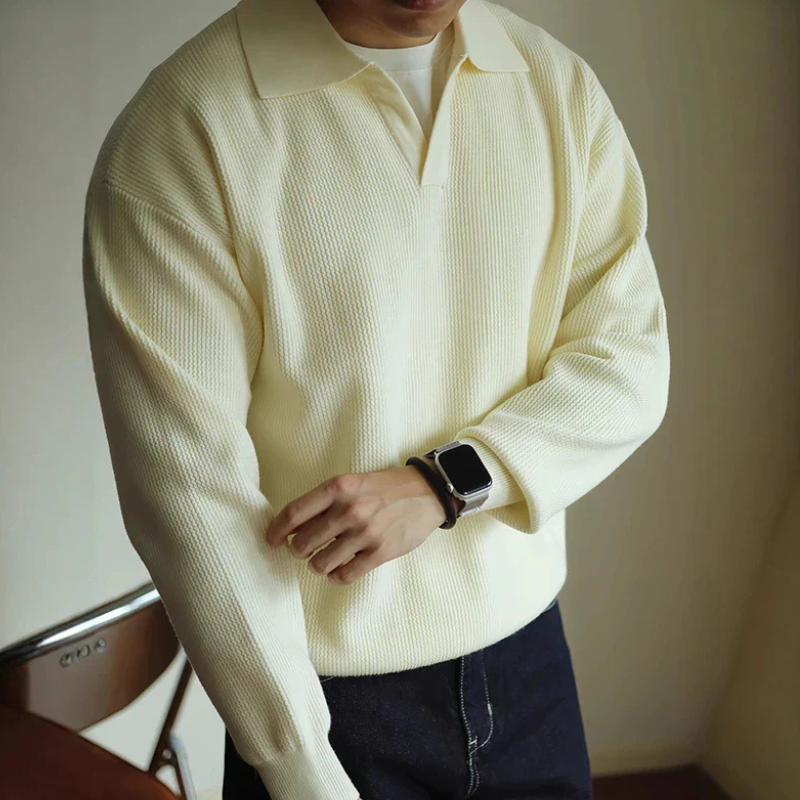Men's long-sleeve textured polo sweater with collared neckline and ribbed hem