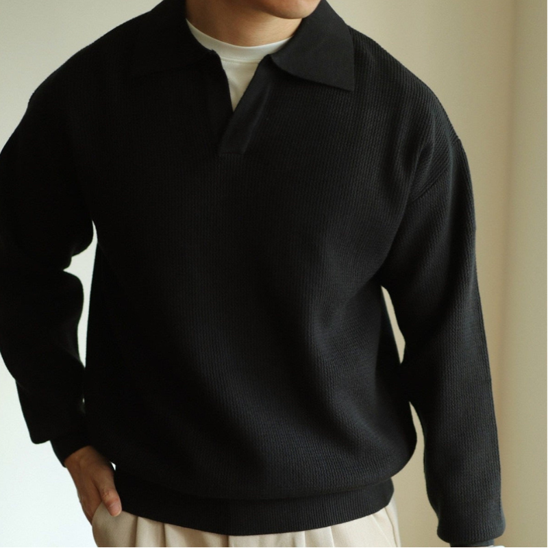 Men's long-sleeve textured polo sweater with collared neckline and ribbed hem