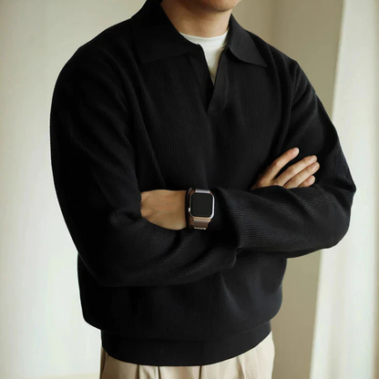 Men's long-sleeve textured polo sweater with collared neckline and ribbed hem