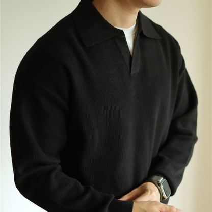 Men's long-sleeve textured polo sweater with collared neckline and ribbed hem