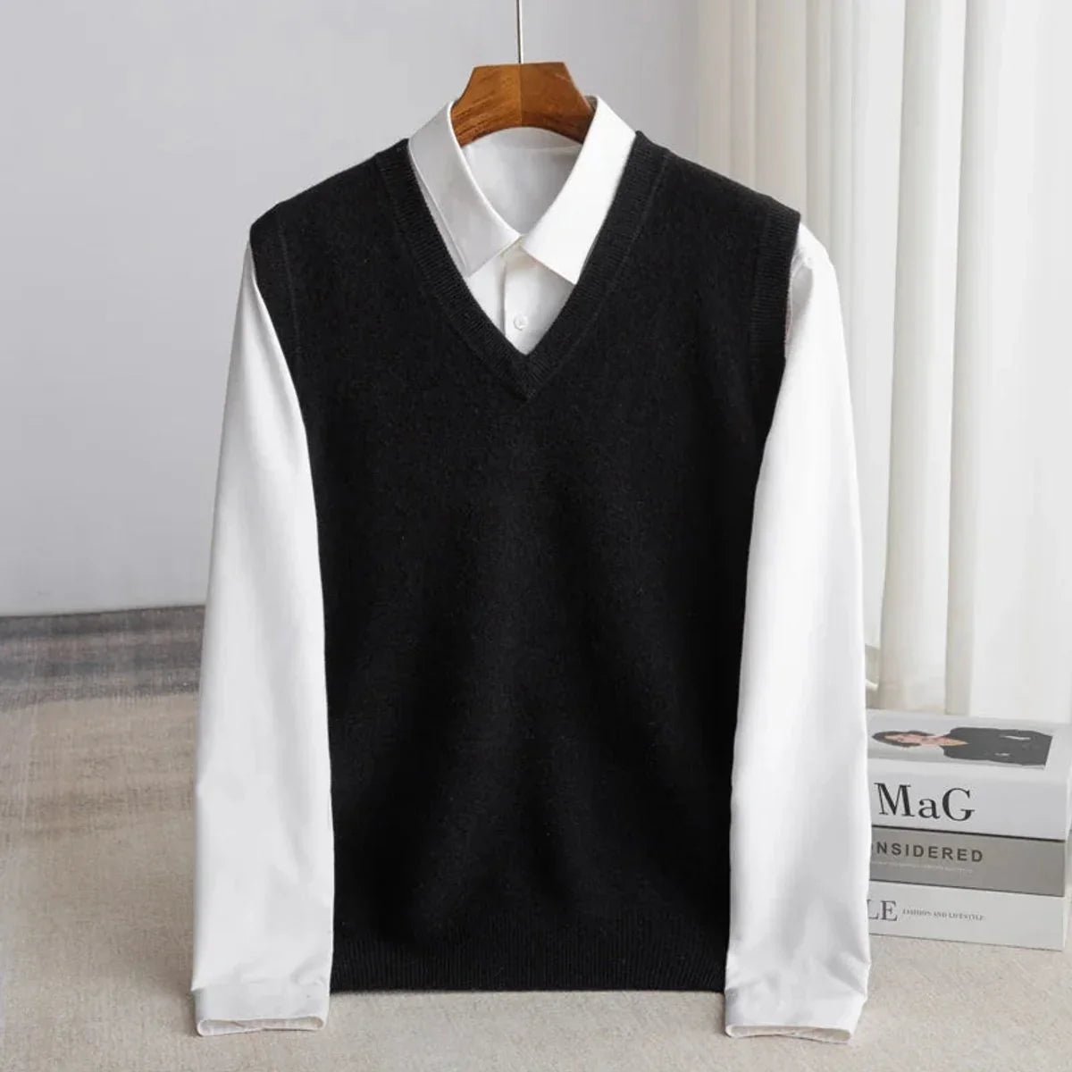 Men's plain knit V-neck sweater vest with sleeveless cut and ribbed trims