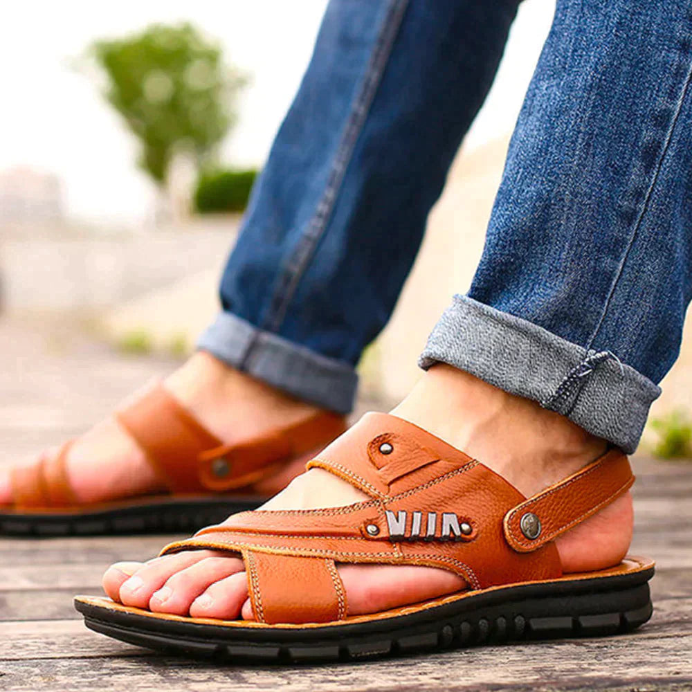 Men's Open Toe Multi Strap Sandals, Back Strap Button Closure Casual Summer Shoes