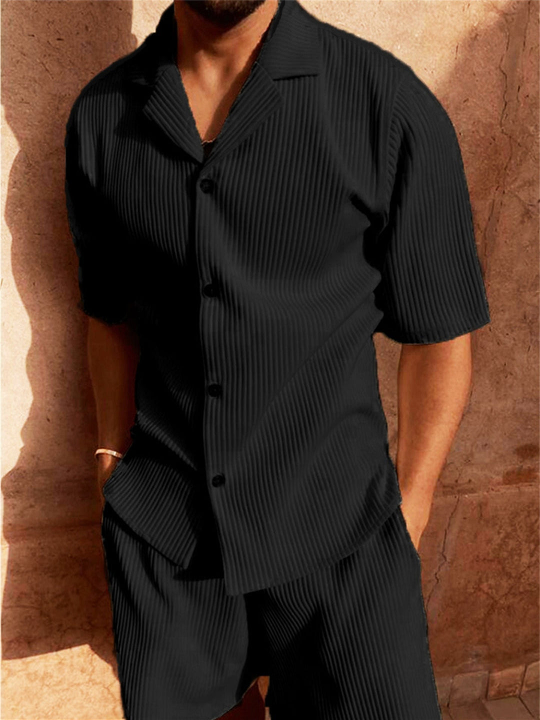 Men's Textured Shirt and Shorts Set, Short Sleeve Ribbed Casual Summer Co-ord Outfit