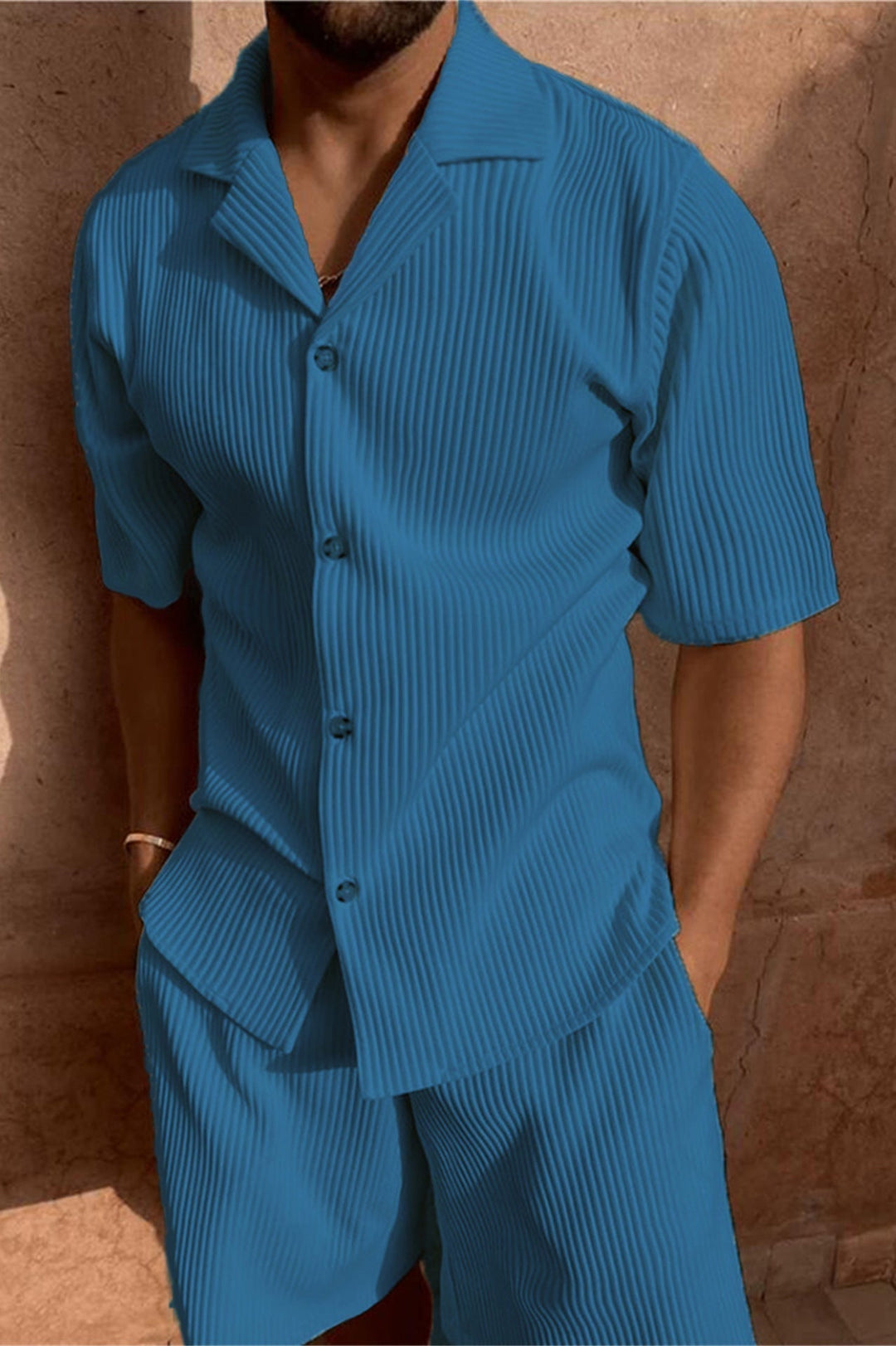 Men's Textured Shirt and Shorts Set, Short Sleeve Ribbed Casual Summer Co-ord Outfit