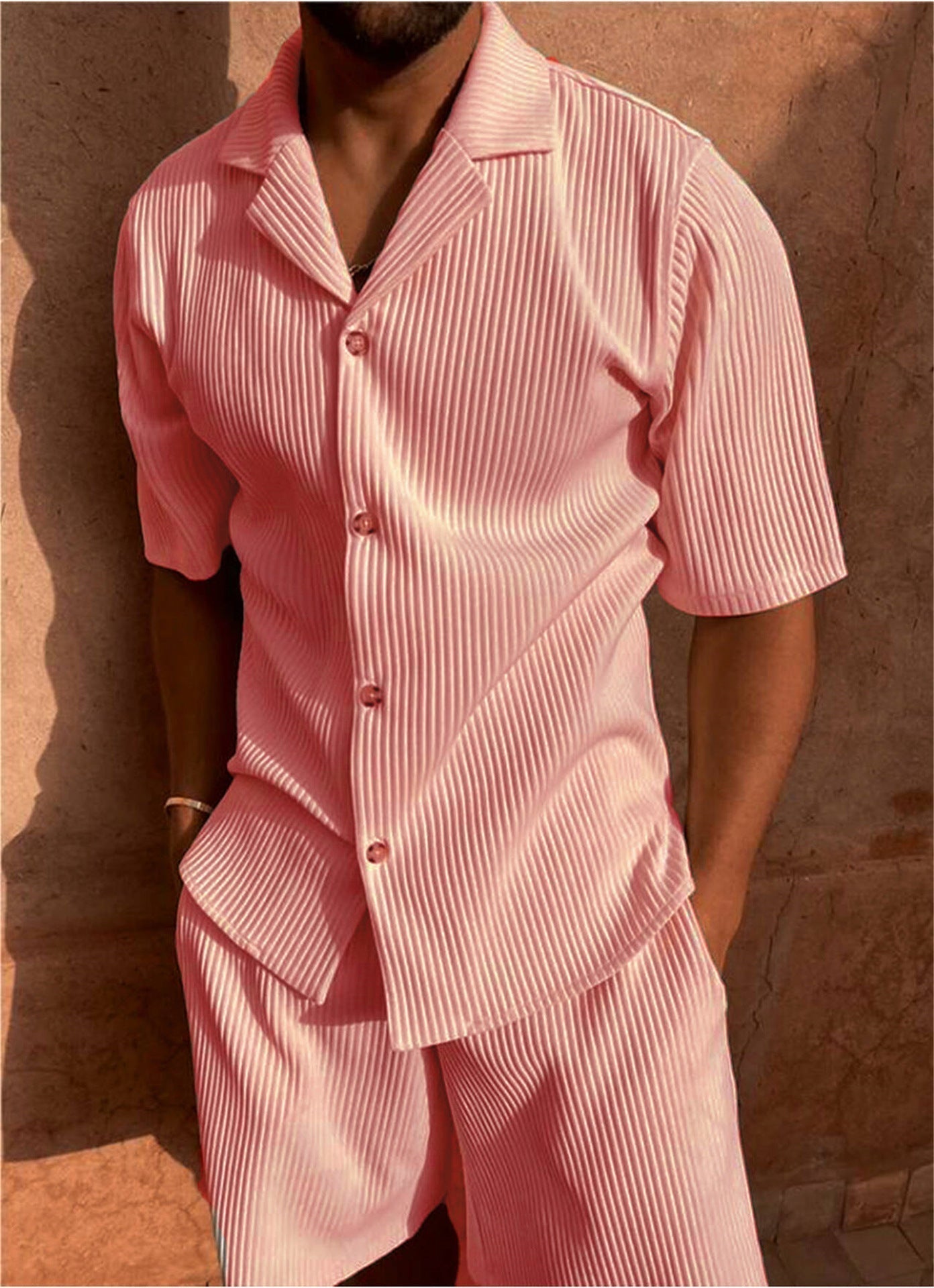 Men's Textured Shirt and Shorts Set, Short Sleeve Ribbed Casual Summer Co-ord Outfit
