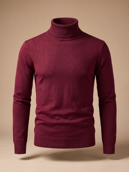 Men's fine knit turtleneck sweater with long sleeves and ribbed trims