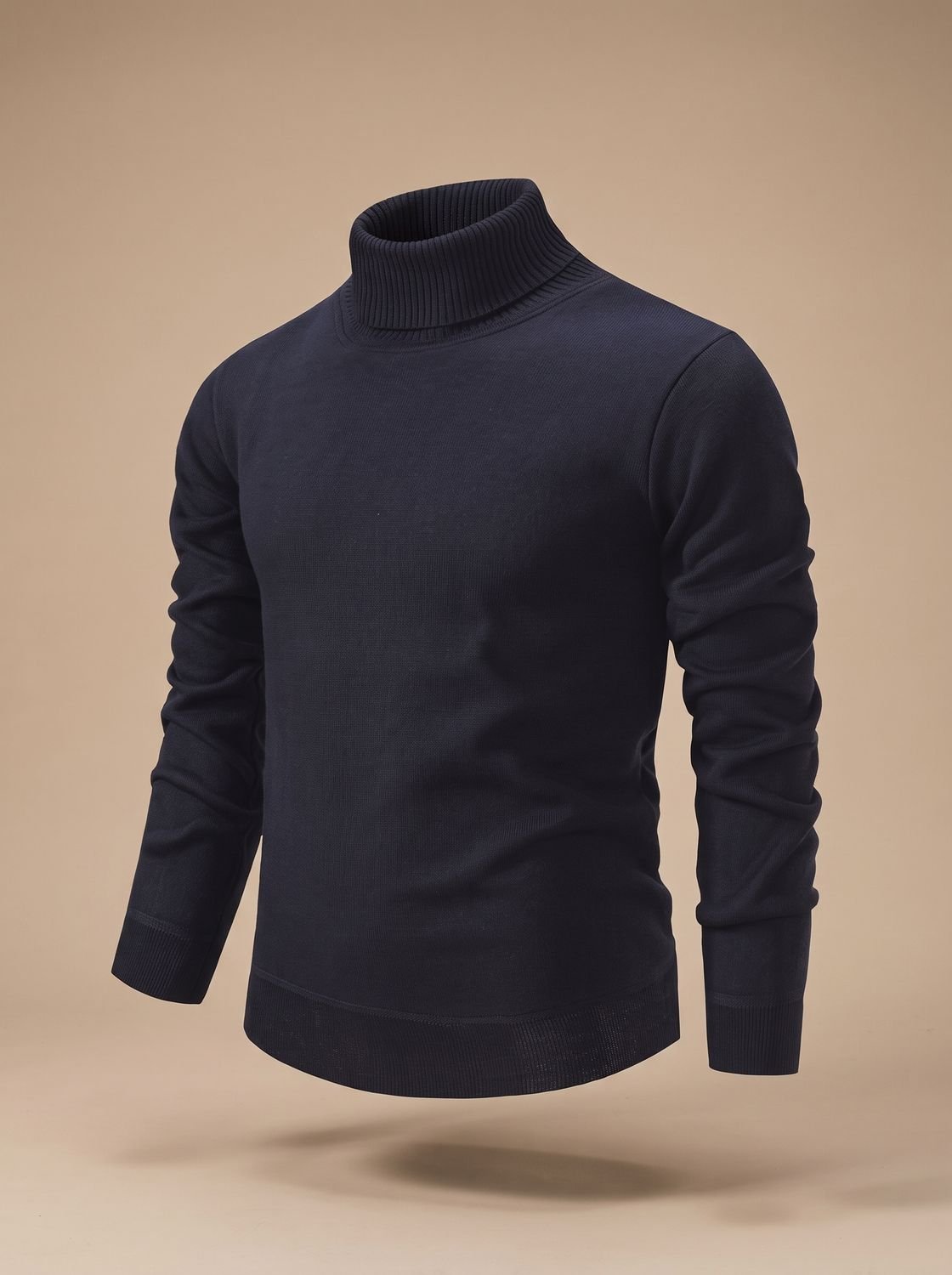 Men's fine knit turtleneck sweater with long sleeves and ribbed trims