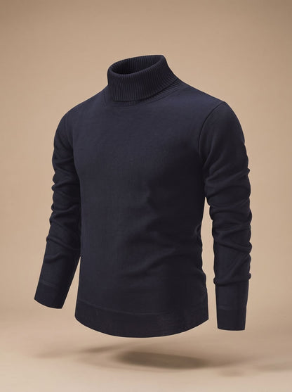 Men's fine knit turtleneck sweater with long sleeves and ribbed trims