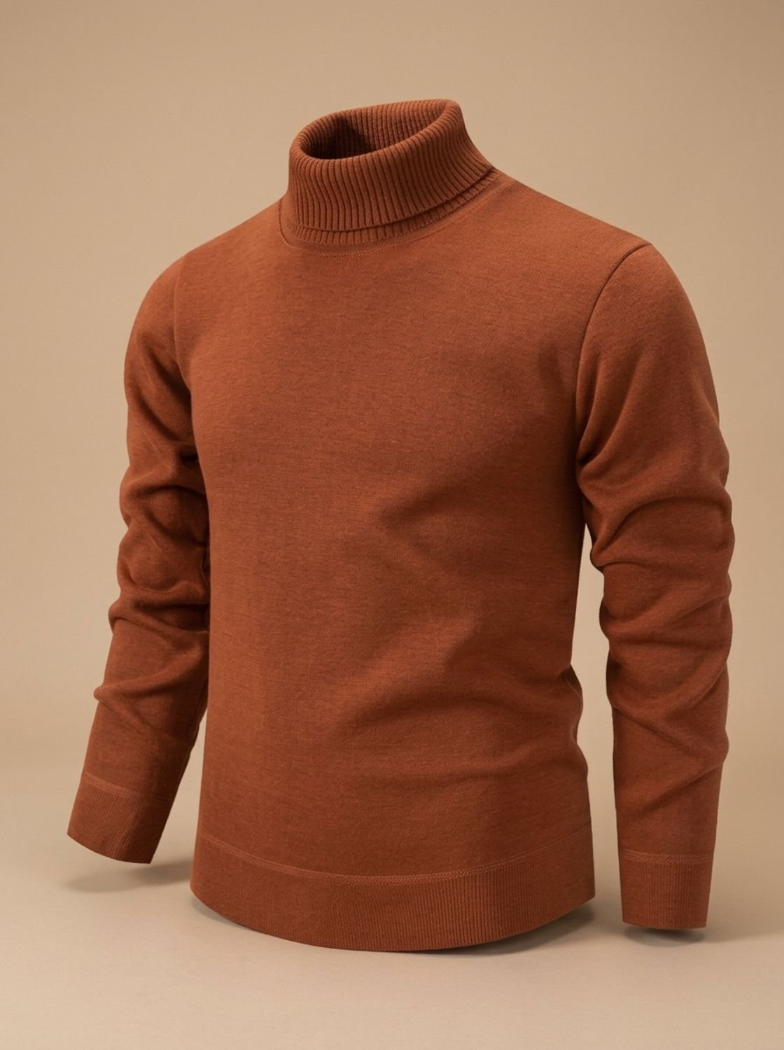 Men's fine knit turtleneck sweater with long sleeves and ribbed trims