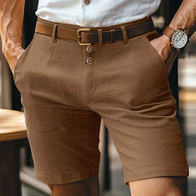 Men's Solid Chino Shorts, Button Front Mid Length Summer Shorts with Belt Loops