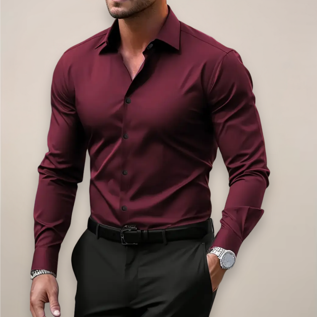Men's Solid Slim Fit Dress Shirt, Long Sleeve Point Collar Button Down Formal Shirt