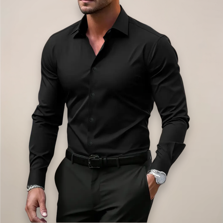 Men's Solid Slim Fit Dress Shirt, Long Sleeve Point Collar Button Down Formal Shirt