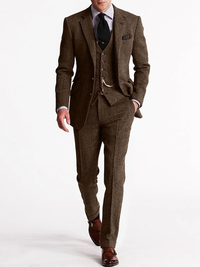 Men's Tweed Herringbone 3 Piece Suit, Slim Fit Notch Lapel Wedding Guest Suit