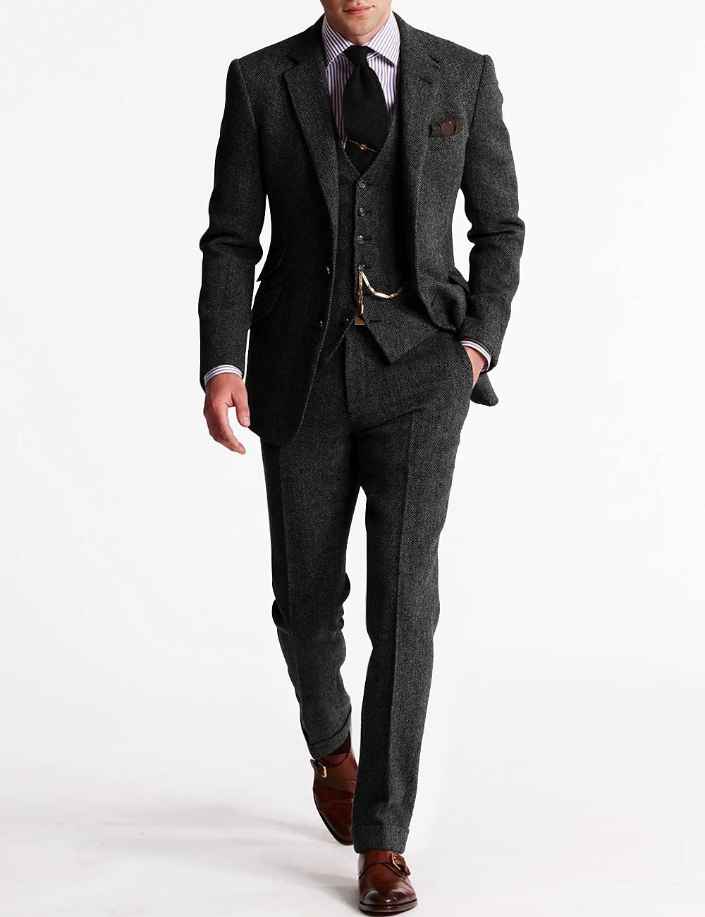 Men's Tweed Herringbone 3 Piece Suit, Slim Fit Notch Lapel Wedding Guest Suit