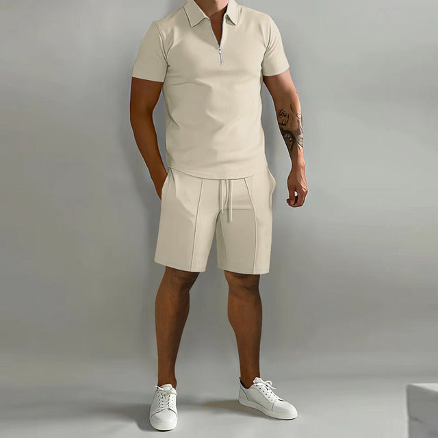 Men's Zip Polo Shirt and Shorts 2-Piece Set, Short Sleeve Quarter-Zip Drawstring Casual Summer