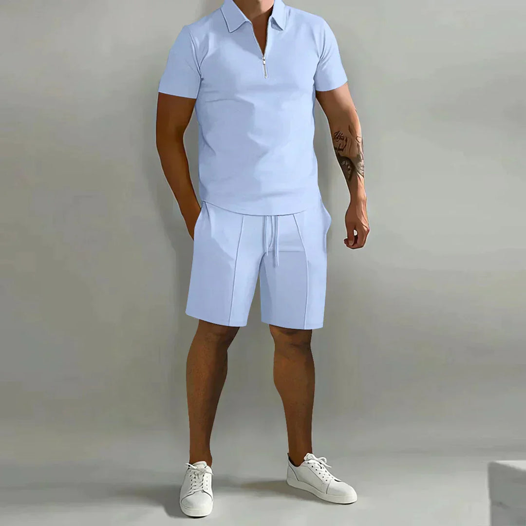 Men's Zip Polo Shirt and Shorts 2-Piece Set, Short Sleeve Quarter-Zip Drawstring Casual Summer