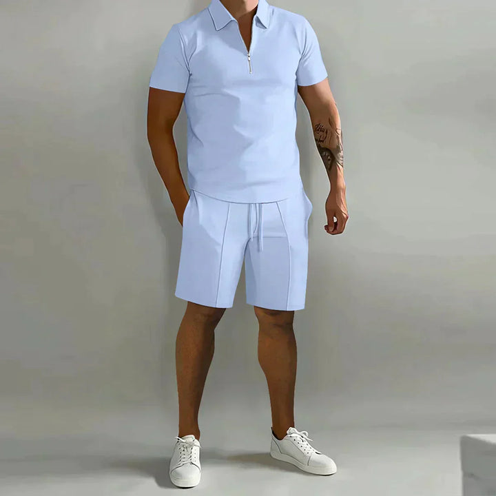 Men's Zip Polo Shirt and Shorts 2-Piece Set, Short Sleeve Quarter-Zip Drawstring Casual Summer