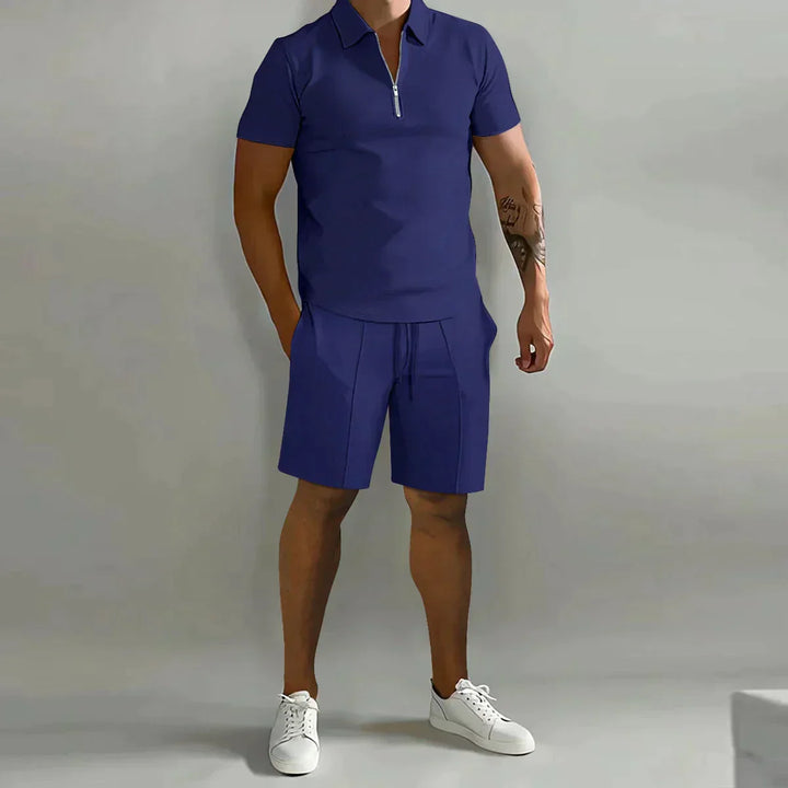 Men's Zip Polo Shirt and Shorts 2-Piece Set, Short Sleeve Quarter-Zip Drawstring Casual Summer