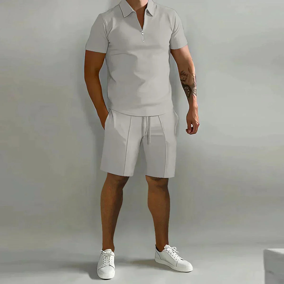 Men's Zip Polo Shirt and Shorts 2-Piece Set, Short Sleeve Quarter-Zip Drawstring Casual Summer