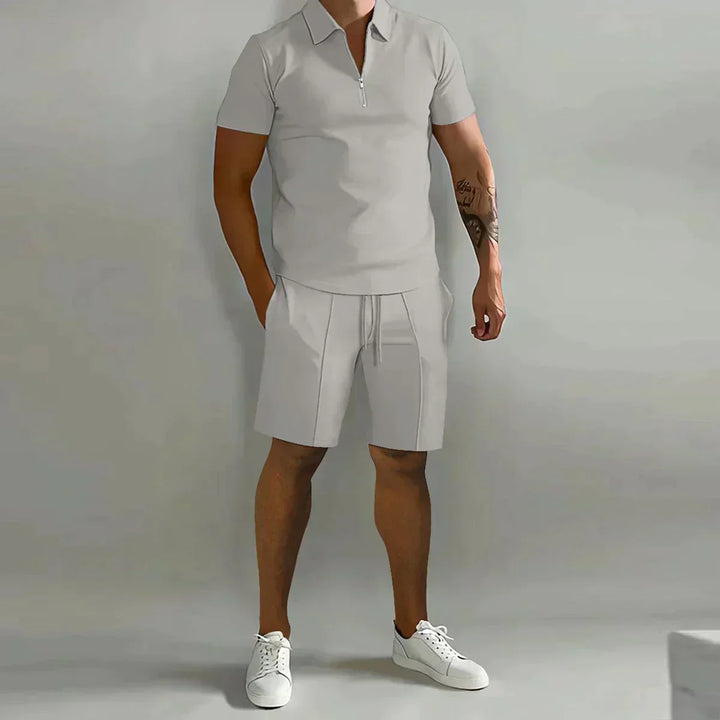 Men's Zip Polo Shirt and Shorts 2-Piece Set, Short Sleeve Quarter-Zip Drawstring Casual Summer