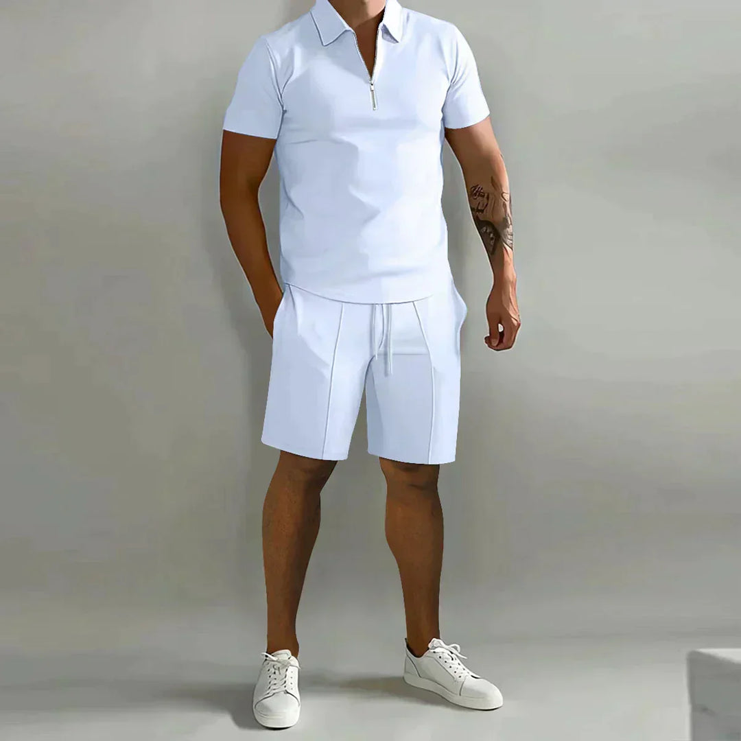 Men's Zip Polo Shirt and Shorts 2-Piece Set, Short Sleeve Quarter-Zip Drawstring Casual Summer
