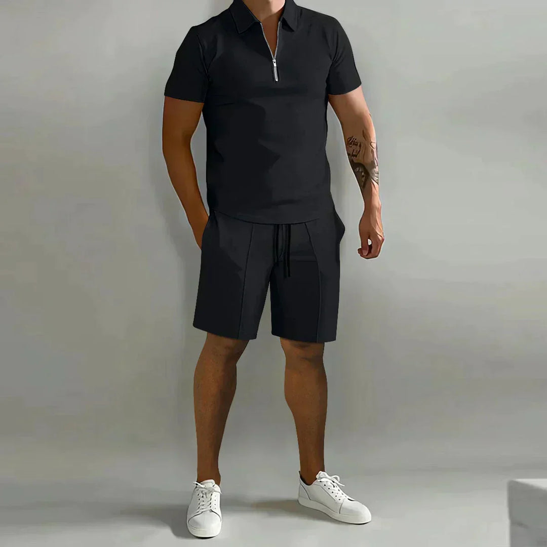 Men's Zip Polo Shirt and Shorts 2-Piece Set, Short Sleeve Quarter-Zip Drawstring Casual Summer
