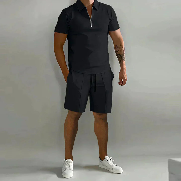Men's Zip Polo Shirt and Shorts 2-Piece Set, Short Sleeve Quarter-Zip Drawstring Casual Summer