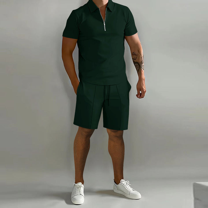 Men's Zip Polo Shirt and Shorts 2-Piece Set, Short Sleeve Quarter-Zip Drawstring Casual Summer