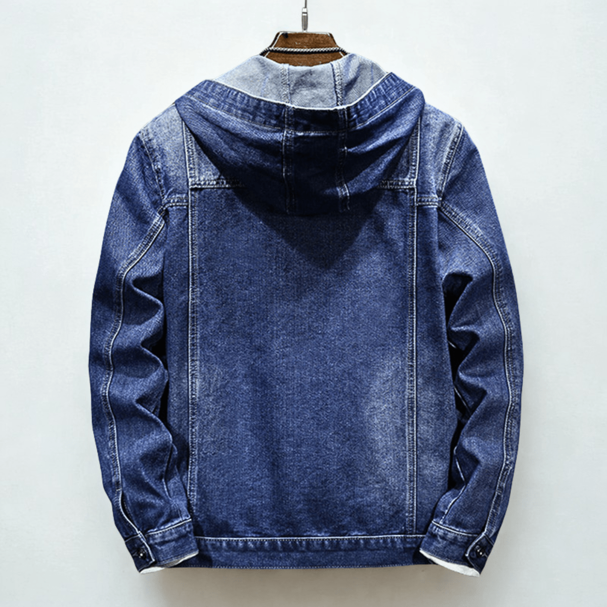 Hooded denim jacket with long sleeves, button front and utility pockets