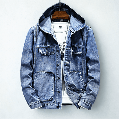 Hooded denim jacket with long sleeves, button front and utility pockets