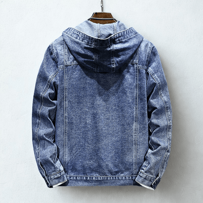 Hooded denim jacket with long sleeves, button front and utility pockets