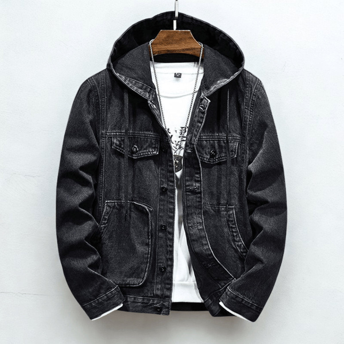 Hooded denim jacket with long sleeves, button front and utility pockets
