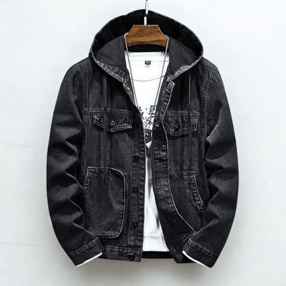 Hooded denim jacket with long sleeves, button front and utility pockets
